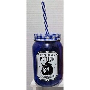 Halloween  Potion Jar-Shaped Glass Tumblers w Screw-On Lid and Straw, 16 oz.